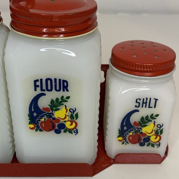 McKee Tipp City Cornucopia Milk Glass Shaker Lot Salt Pepper Flour Sugar Rack - Picture 9 of 9
